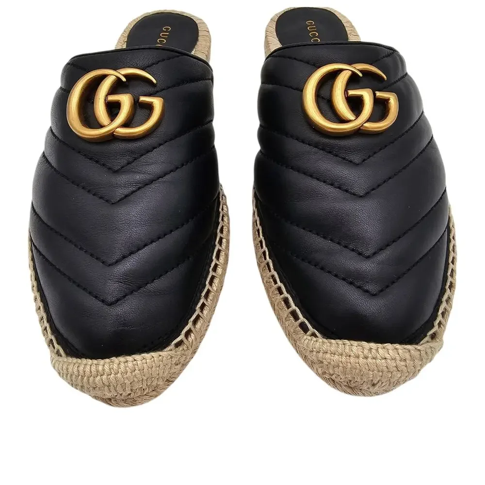 Gucci GG Marmont Black Quilted Leather Espadrille Mule Gold Slide Size 37.5 7.5 - Picture 3 of 10